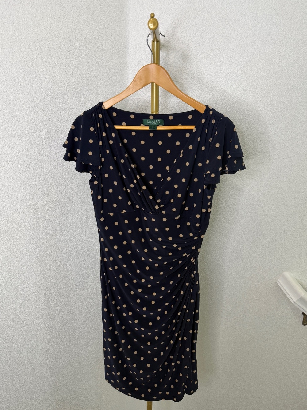 Lauren Ralph Lauren Polka Dot Faux Wrap Dress Ruched Jersey Flutter Sleeve 10